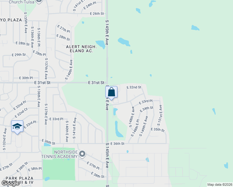 map of restaurants, bars, coffee shops, grocery stores, and more near 3204 South 147th East Avenue in Tulsa