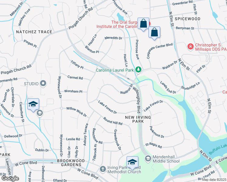map of restaurants, bars, coffee shops, grocery stores, and more near 3506 Waldron Drive in Greensboro