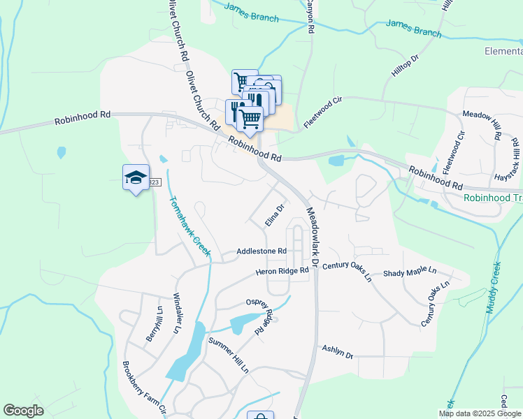 map of restaurants, bars, coffee shops, grocery stores, and more near 5828 ZINFANDEL STREET in Winston-Salem