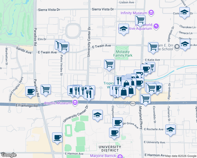 map of restaurants, bars, coffee shops, grocery stores, and more near 3930 South University Center Drive in Las Vegas