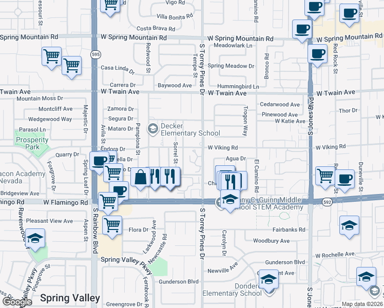 map of restaurants, bars, coffee shops, grocery stores, and more near 3965 South Torrey Pines Drive in Las Vegas