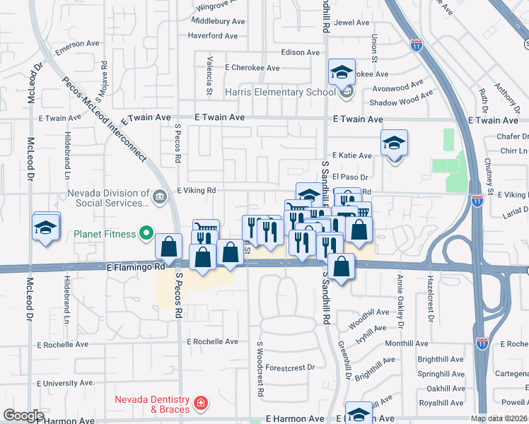map of restaurants, bars, coffee shops, grocery stores, and more near 3665 East Viking Road in Las Vegas
