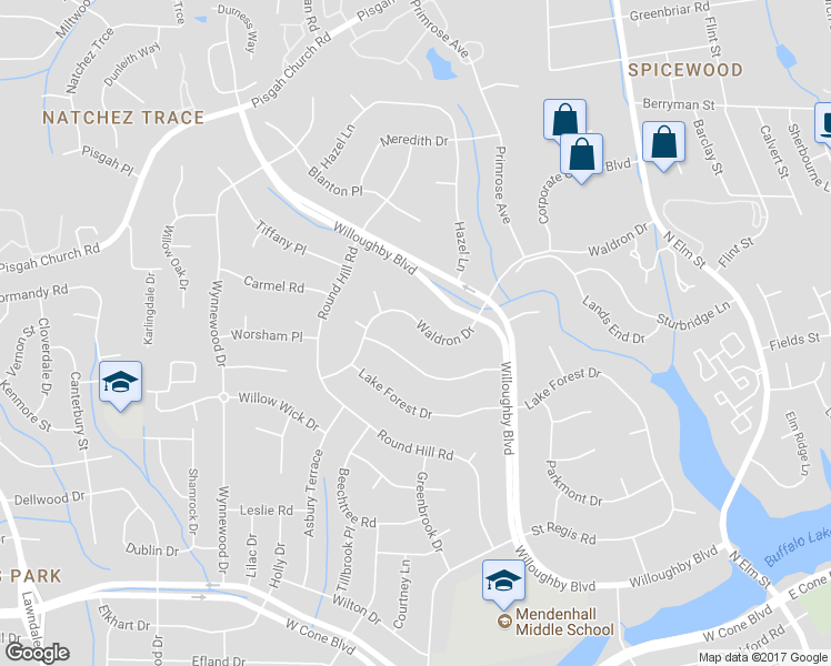 map of restaurants, bars, coffee shops, grocery stores, and more near 3506 Waldron Drive in Greensboro