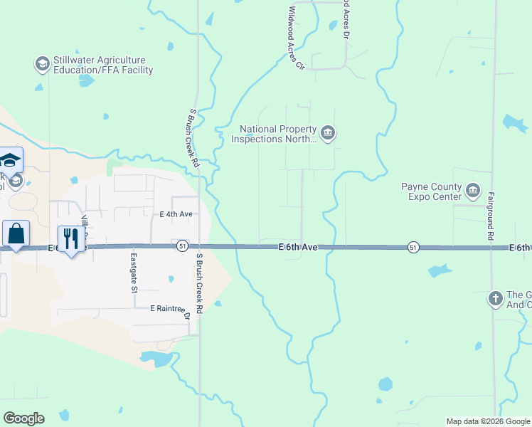 map of restaurants, bars, coffee shops, grocery stores, and more near 3610 Andy Kay Lane in Stillwater