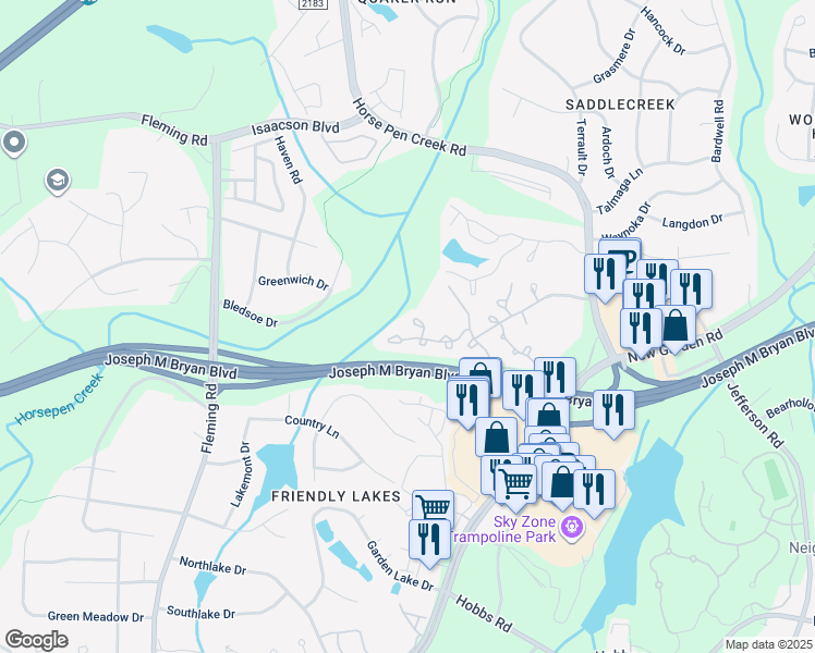 map of restaurants, bars, coffee shops, grocery stores, and more near 3 Meadow Crossing Ct in Greensboro