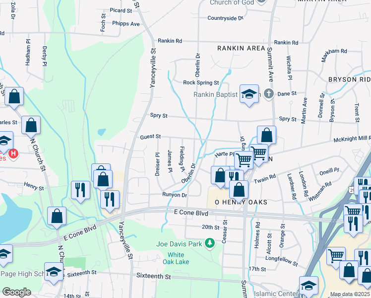 map of restaurants, bars, coffee shops, grocery stores, and more near 1321 Guest Street in Greensboro
