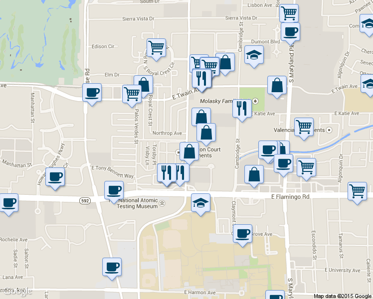 map of restaurants, bars, coffee shops, grocery stores, and more near 3898 University Center Drive in Las Vegas