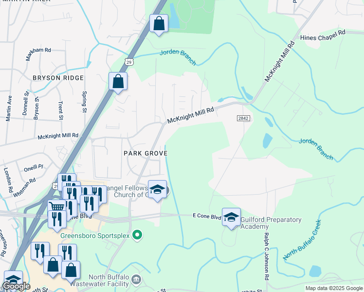 map of restaurants, bars, coffee shops, grocery stores, and more near 2014 McKnight Mill Road in Greensboro