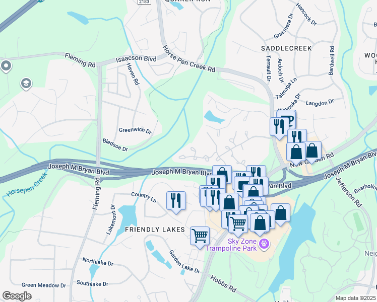 map of restaurants, bars, coffee shops, grocery stores, and more near 3 Meadow Crossing Court in Greensboro