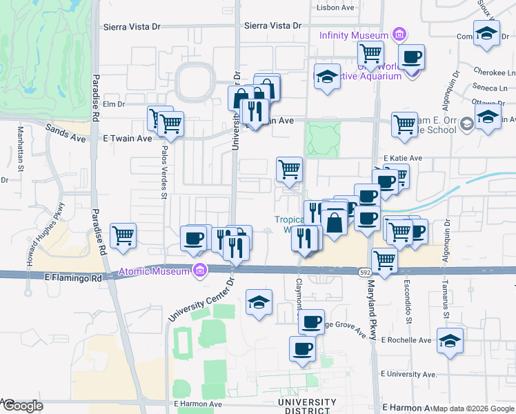map of restaurants, bars, coffee shops, grocery stores, and more near 3896 South University Center Drive in Las Vegas