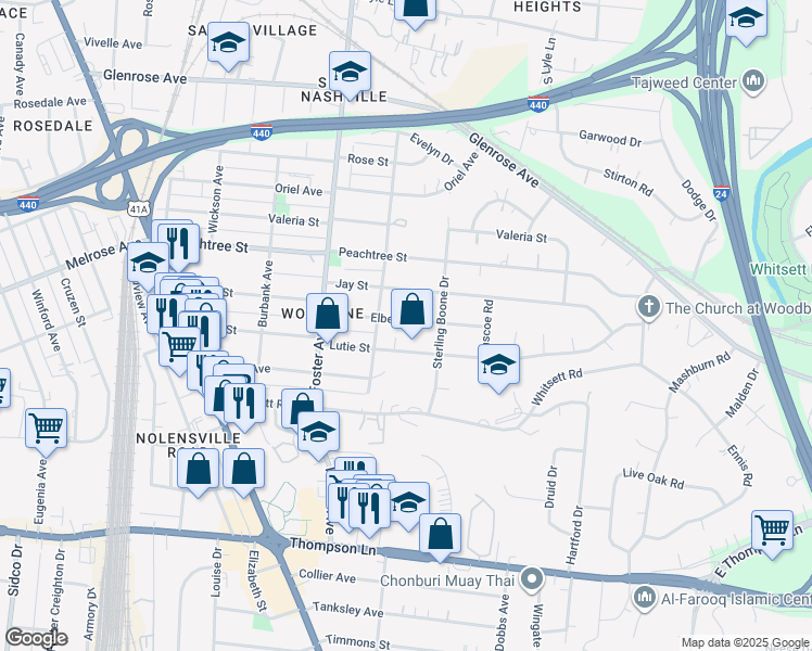 map of restaurants, bars, coffee shops, grocery stores, and more near 97 Jay Street in Nashville