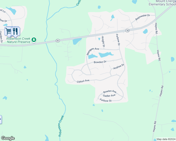 map of restaurants, bars, coffee shops, grocery stores, and more near 2041 Mangum Avenue in Creedmoor