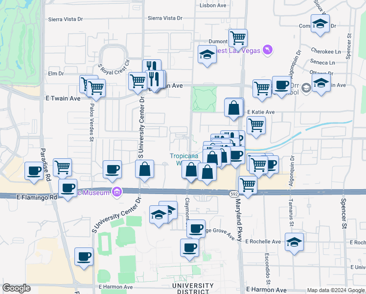 map of restaurants, bars, coffee shops, grocery stores, and more near 3907 Cambridge Street in Las Vegas