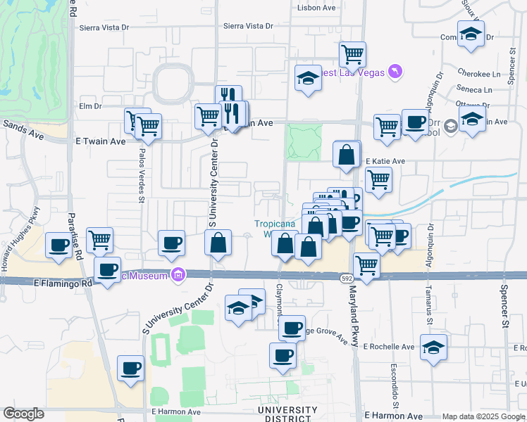 map of restaurants, bars, coffee shops, grocery stores, and more near 3907 Cambridge Street in Las Vegas