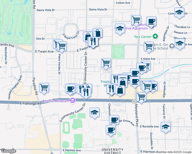 map of restaurants, bars, coffee shops, grocery stores, and more near 3896 South University Center Drive in Las Vegas
