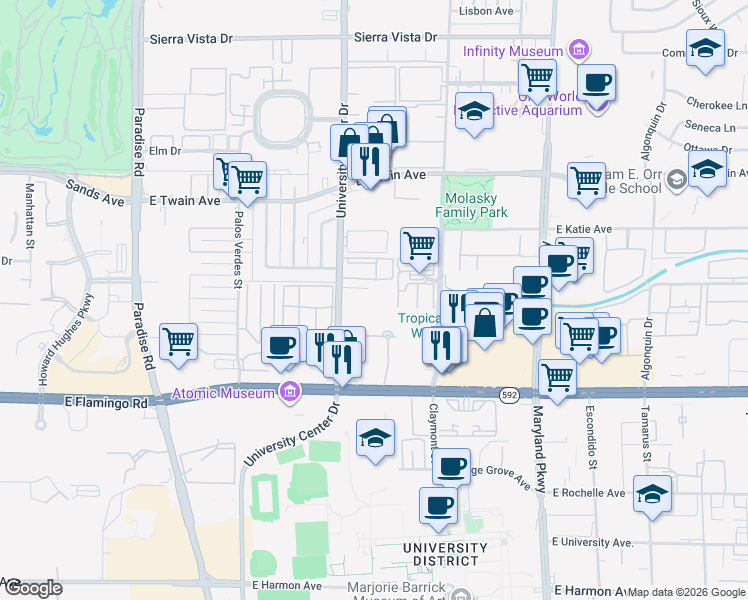 map of restaurants, bars, coffee shops, grocery stores, and more near 3896 South University Center Drive in Las Vegas