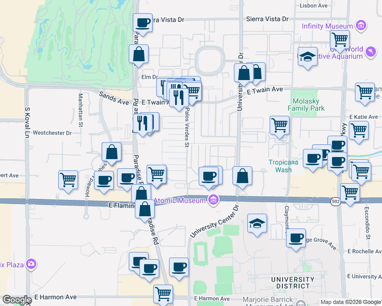 map of restaurants, bars, coffee shops, grocery stores, and more near 3892 Palos Verdes Street in Las Vegas