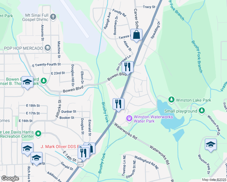 map of restaurants, bars, coffee shops, grocery stores, and more near 2921 New Walkertown Road in Winston-Salem
