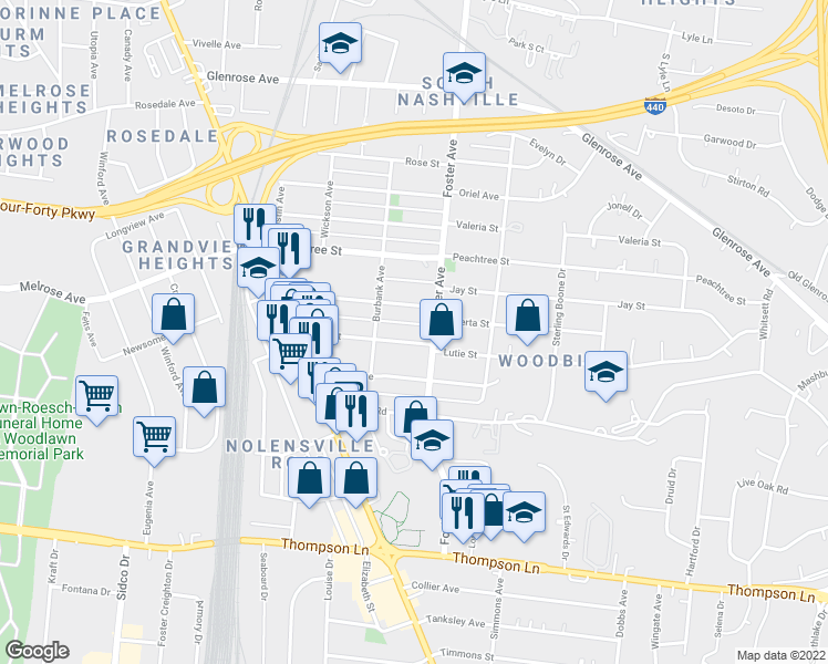 map of restaurants, bars, coffee shops, grocery stores, and more near 201 Elberta Street in Nashville