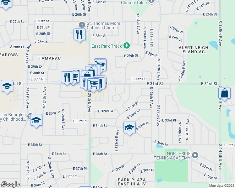 map of restaurants, bars, coffee shops, grocery stores, and more near 13201 East 31st Street in Tulsa
