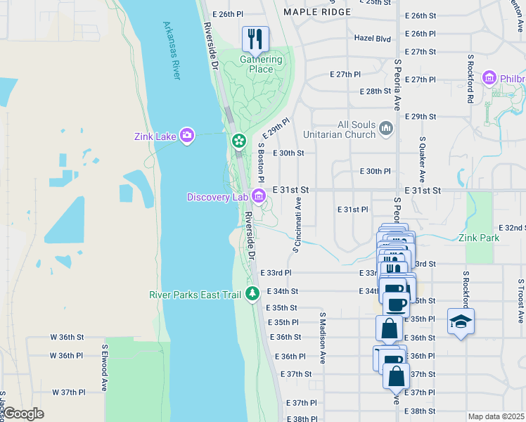 map of restaurants, bars, coffee shops, grocery stores, and more near 146 East 31st Street in Tulsa