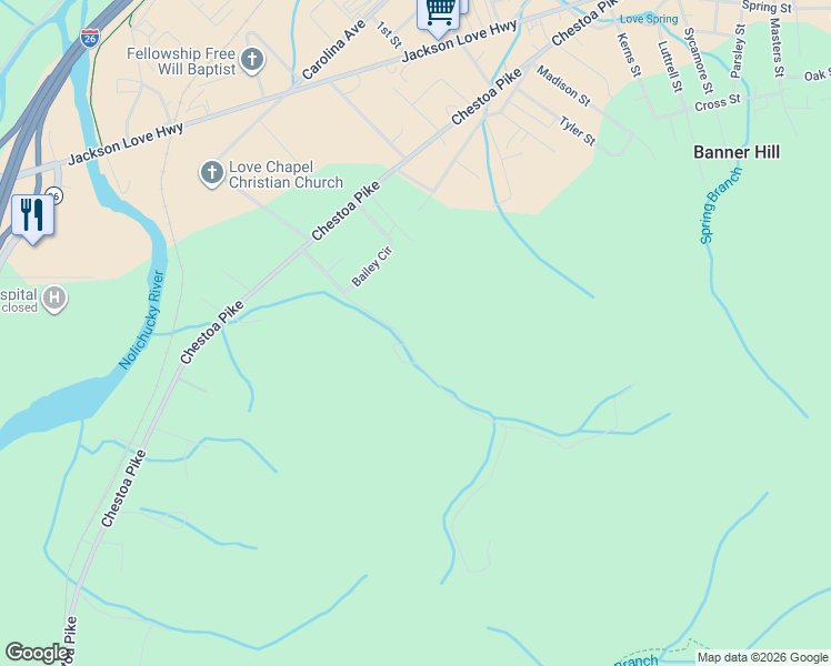 map of restaurants, bars, coffee shops, grocery stores, and more near 115 Bailey Hollow Road in Erwin