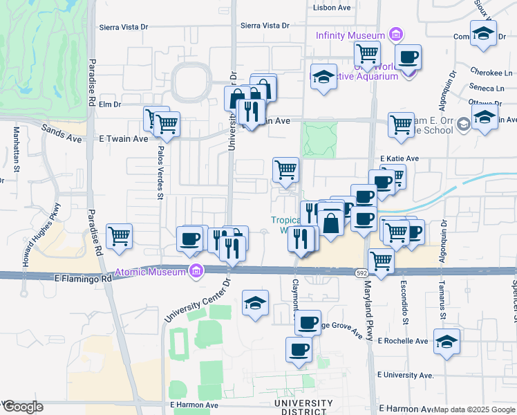 map of restaurants, bars, coffee shops, grocery stores, and more near 3930 South University Center Drive in Las Vegas