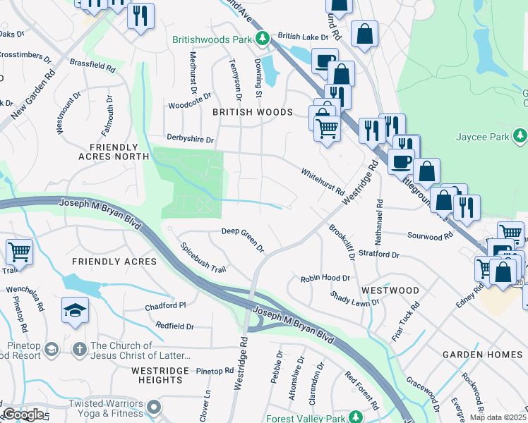 map of restaurants, bars, coffee shops, grocery stores, and more near 1718 Downing Street in Greensboro