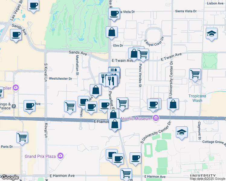 map of restaurants, bars, coffee shops, grocery stores, and more near 3903 Paradise Road in Las Vegas