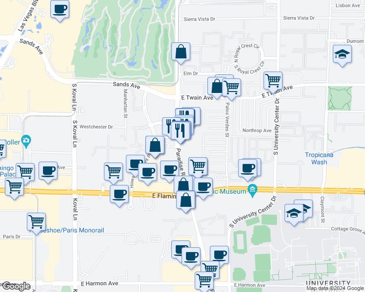 map of restaurants, bars, coffee shops, grocery stores, and more near 3900 Paradise Road in Las Vegas