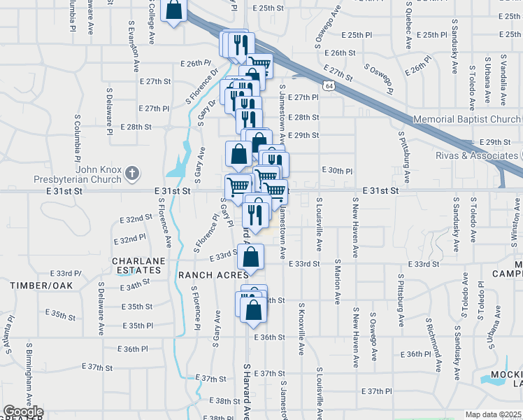 map of restaurants, bars, coffee shops, grocery stores, and more near 3101 South Harvard Avenue in Tulsa