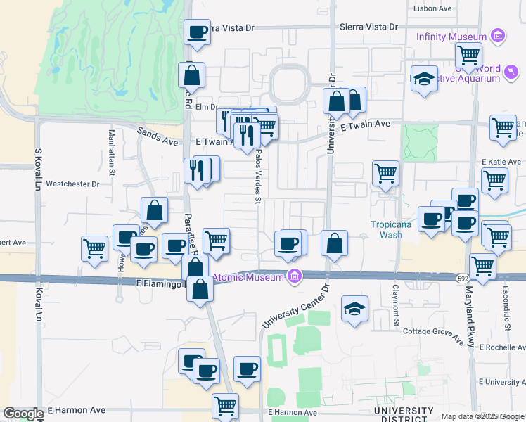 map of restaurants, bars, coffee shops, grocery stores, and more near 3934 Palos Verdes Street in Las Vegas