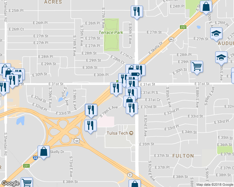 map of restaurants, bars, coffee shops, grocery stores, and more near 7901 East 31st Place South in Tulsa