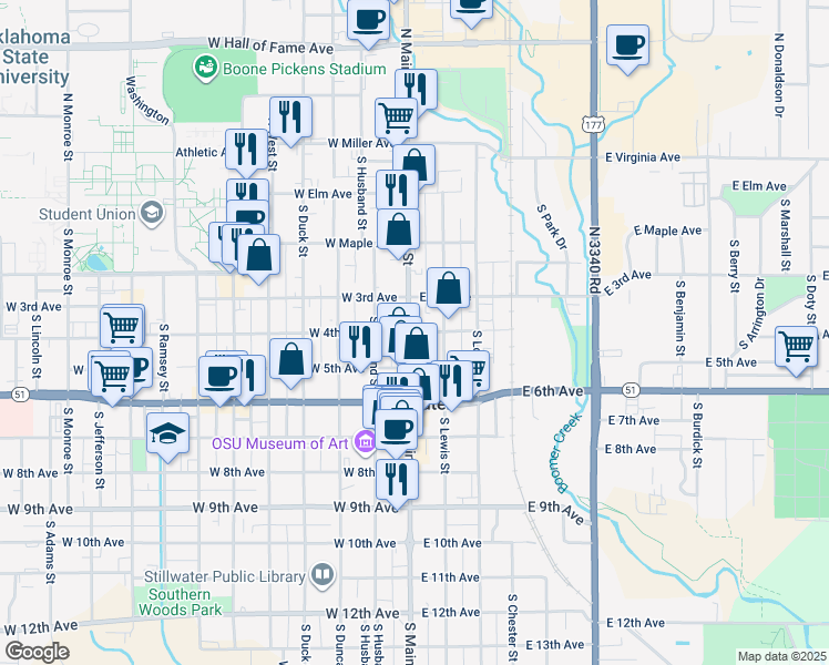 map of restaurants, bars, coffee shops, grocery stores, and more near 116 East 4th Avenue in Stillwater