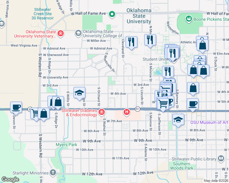 map of restaurants, bars, coffee shops, grocery stores, and more near 1501 West 3rd Avenue in Stillwater