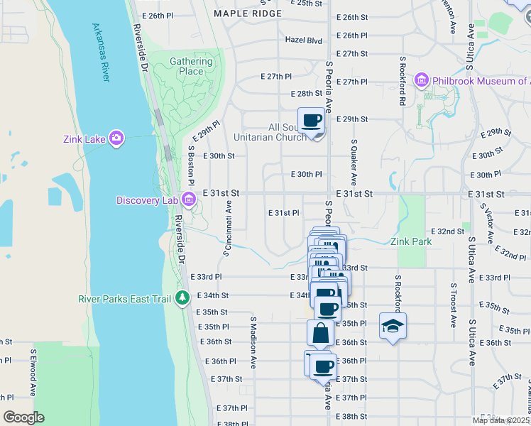 map of restaurants, bars, coffee shops, grocery stores, and more near 3111 South Madison Avenue in Tulsa