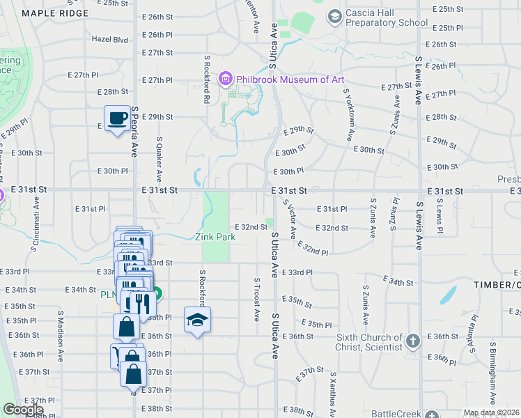 map of restaurants, bars, coffee shops, grocery stores, and more near 1638 East 31st Street in Tulsa