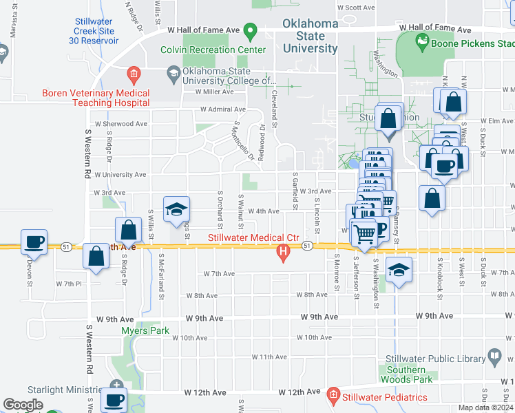 map of restaurants, bars, coffee shops, grocery stores, and more near 1510 West 4th Avenue in Stillwater