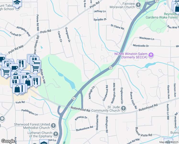 map of restaurants, bars, coffee shops, grocery stores, and more near 2410 Merrimont Drive Northwest in Winston-Salem