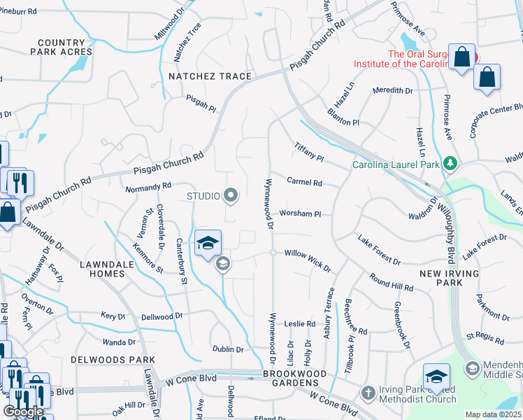 map of restaurants, bars, coffee shops, grocery stores, and more near 3287 Wynnewood Drive in Greensboro