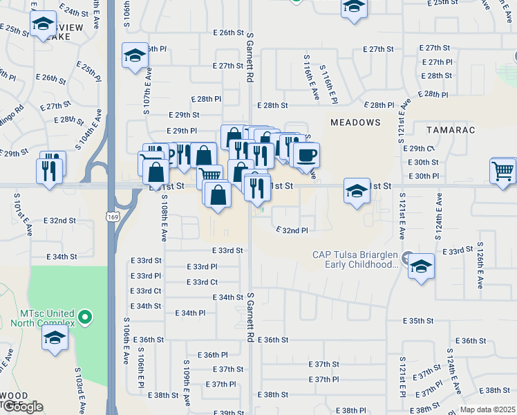 map of restaurants, bars, coffee shops, grocery stores, and more near 11332 East 31st Street in Tulsa