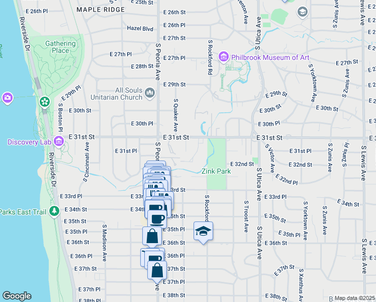 map of restaurants, bars, coffee shops, grocery stores, and more near 1416 East 31st Street in Tulsa
