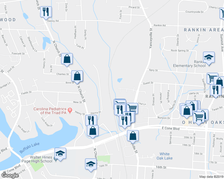 map of restaurants, bars, coffee shops, grocery stores, and more near 3227 Yanceyville Street in Greensboro