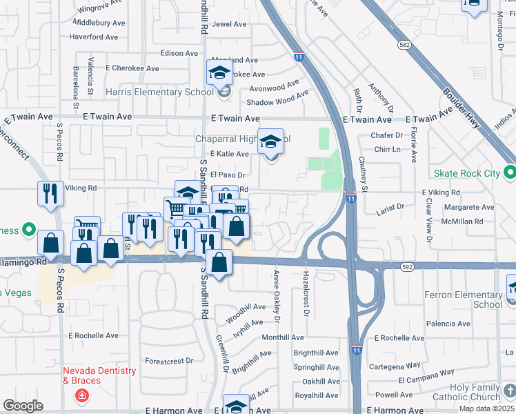 map of restaurants, bars, coffee shops, grocery stores, and more near 3954 Edgemoor Way in Las Vegas