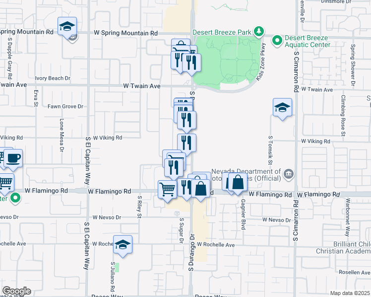 map of restaurants, bars, coffee shops, grocery stores, and more near 3955 South Durango Drive in Las Vegas