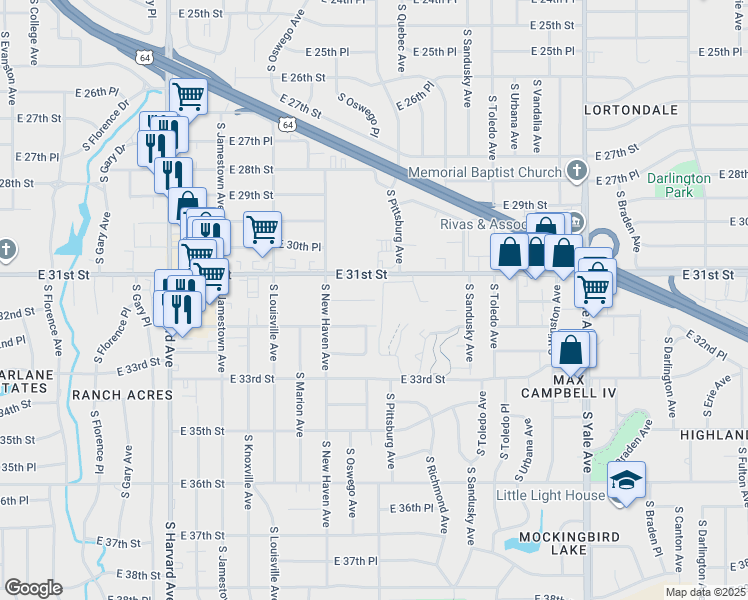 map of restaurants, bars, coffee shops, grocery stores, and more near 4099 East 31st Place in Tulsa