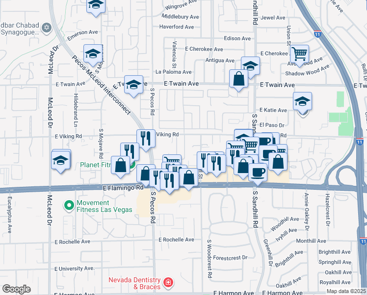 map of restaurants, bars, coffee shops, grocery stores, and more near 3553 East Viking Road in Las Vegas