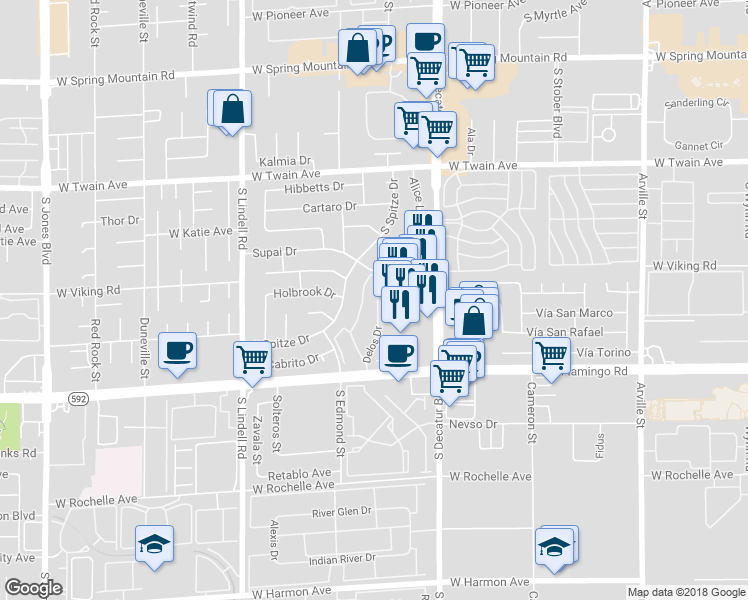 map of restaurants, bars, coffee shops, grocery stores, and more near 3947 Delos Drive in Las Vegas