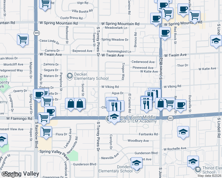 map of restaurants, bars, coffee shops, grocery stores, and more near 6388 West Viking Road in Las Vegas