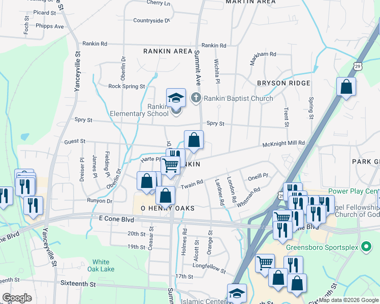 map of restaurants, bars, coffee shops, grocery stores, and more near 3207 Summit Avenue in Greensboro